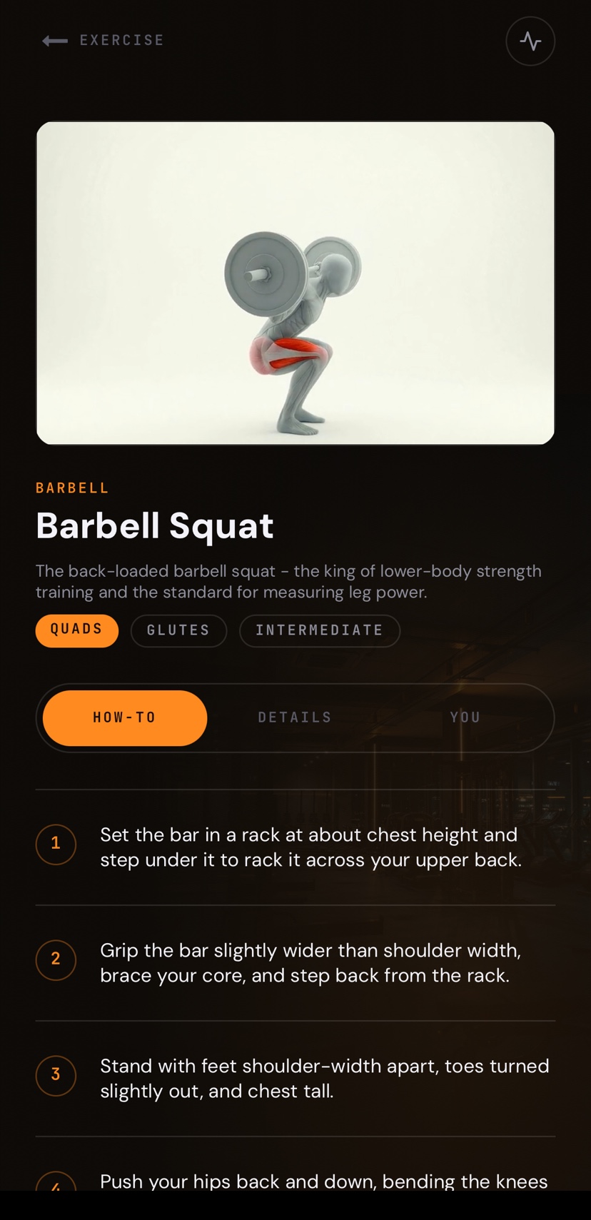 Barbell Squat exercise detail showing the demonstration, muscle tags, and how-to steps
