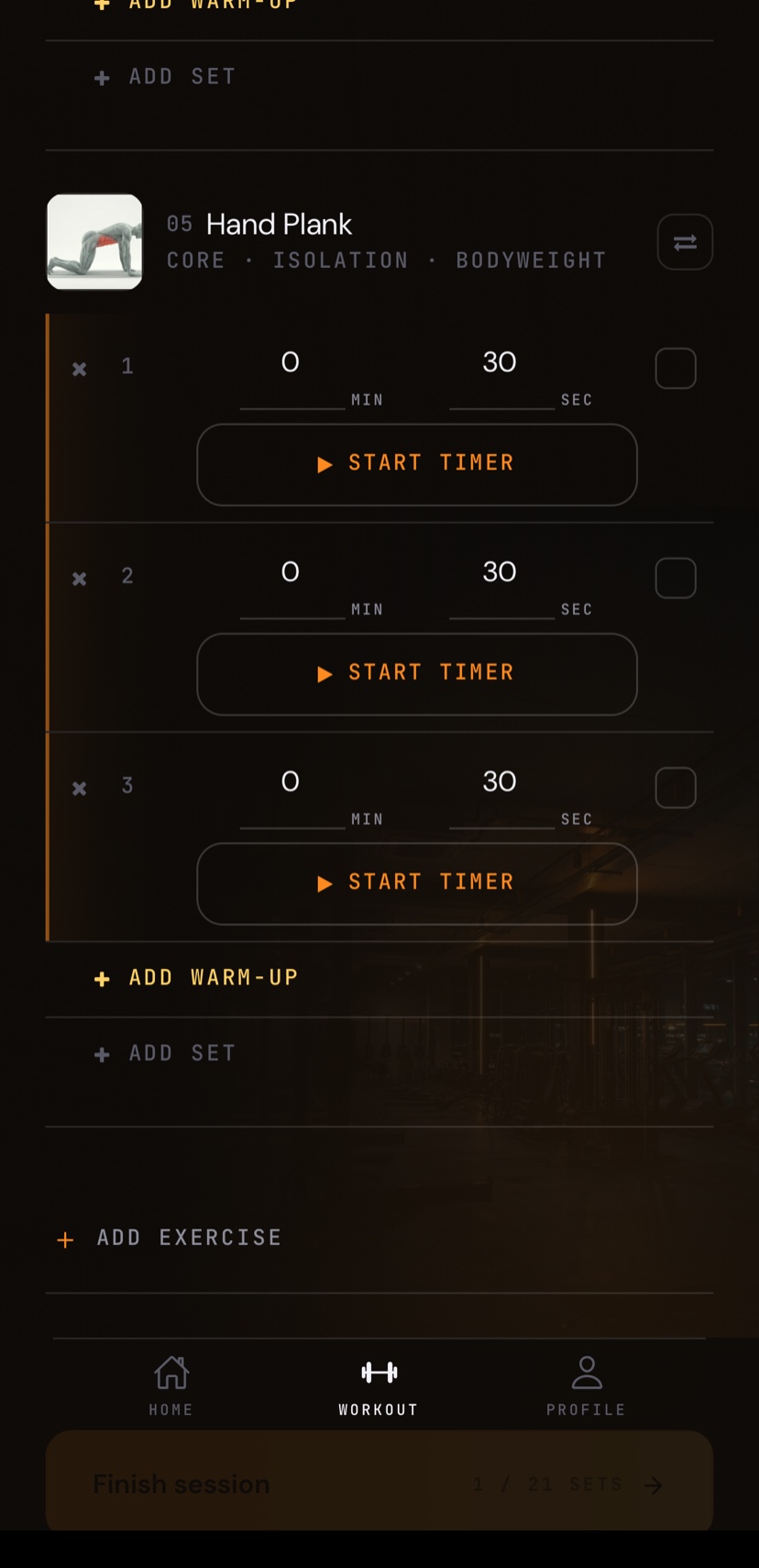 Maatriks Hand Plank sets with thirty-second targets and start timer controls