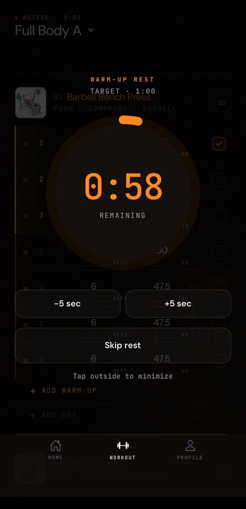 Maatriks warm-up rest countdown with minus five seconds, plus five seconds, and skip controls